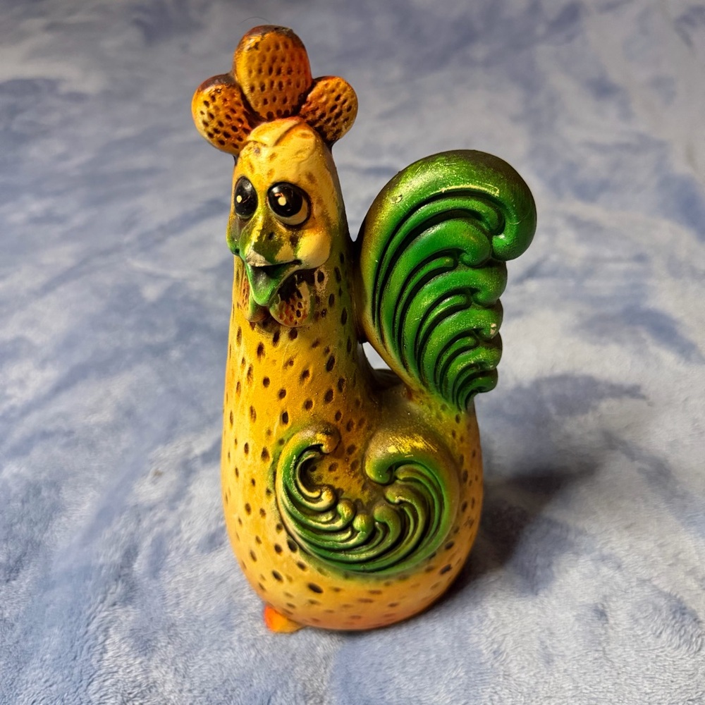 Vintage hand painted Yellow & Green Ceramic Rooster Figurine